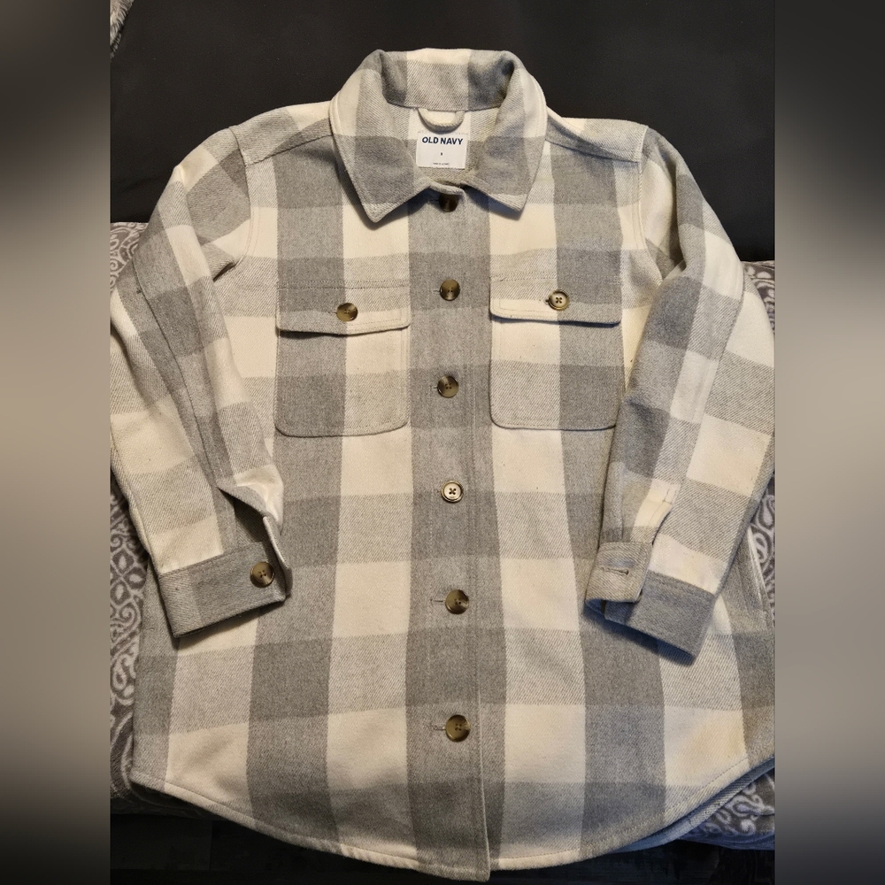 Old Navy Gray and White Plaid Button-Up Shacket